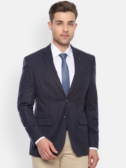 

Van Heusen Men Navy Blue & Brown Checked Single-Breasted Slim-Fit Wool Blazer