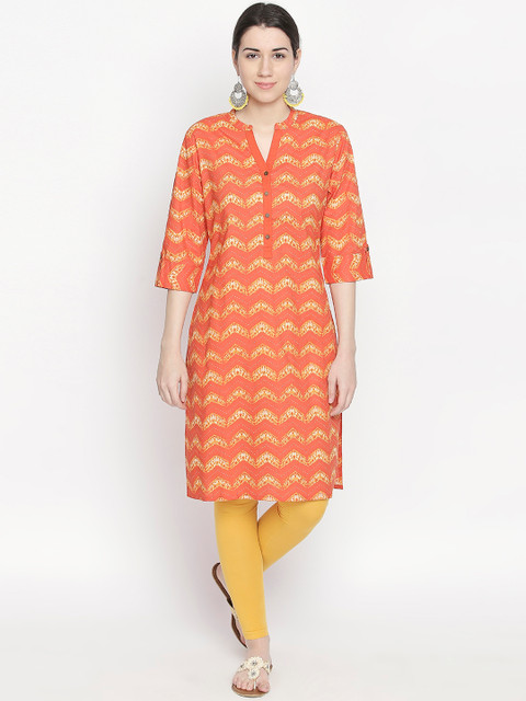 

RANGMANCH BY PANTALOONS Women Orange & Yellow Printed Straight Kurta