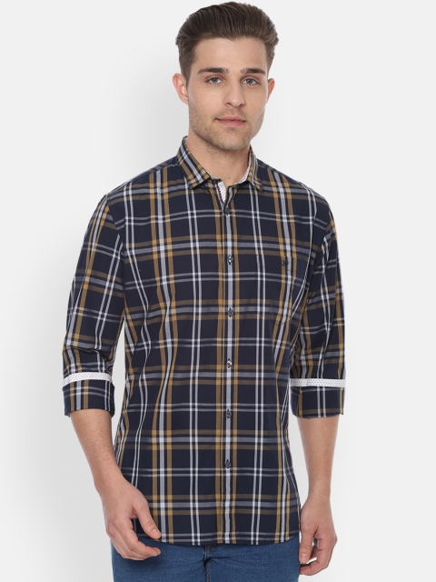 

Van Heusen Sport Men Navy Blue & Yellow Slim Fit Checked Casual Shirt