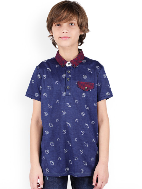 

One Friday Boys Blue Printed Polo Collar T-shirt