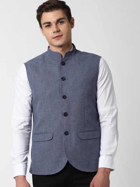 

Peter England Men Teal Blue Woven Design Nehru Jacket
