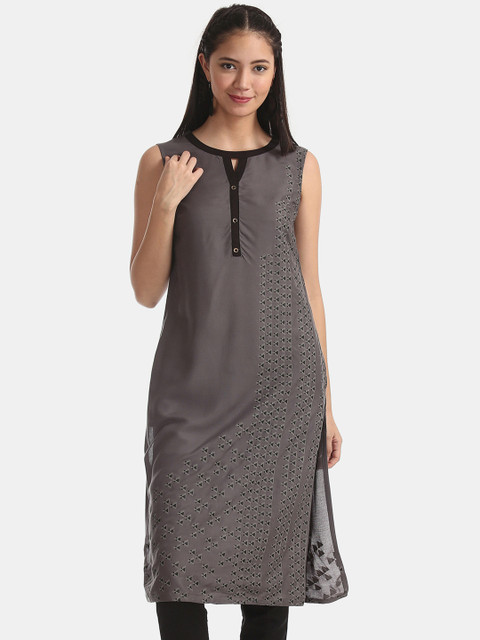

Karigari Women Grey & Black Printed Straight Kurta