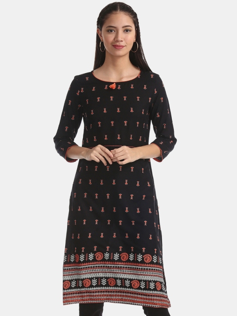 

Karigari Women Black & Orange Printed Straight Kurta
