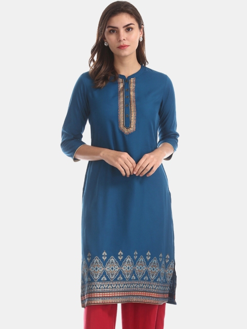 

Karigari Women Navy Blue Printed Straight Kurta