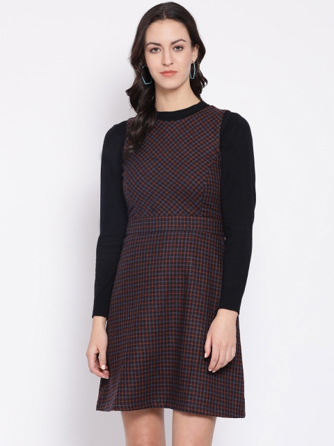 

Oxolloxo Women Rust Red & Purple Checked Fit and Flare Dress