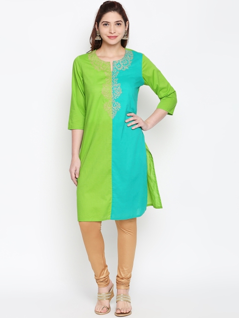 

RANGMANCH BY PANTALOONS Women Turquoise Blue & Green Colourblocked Straight Kurta