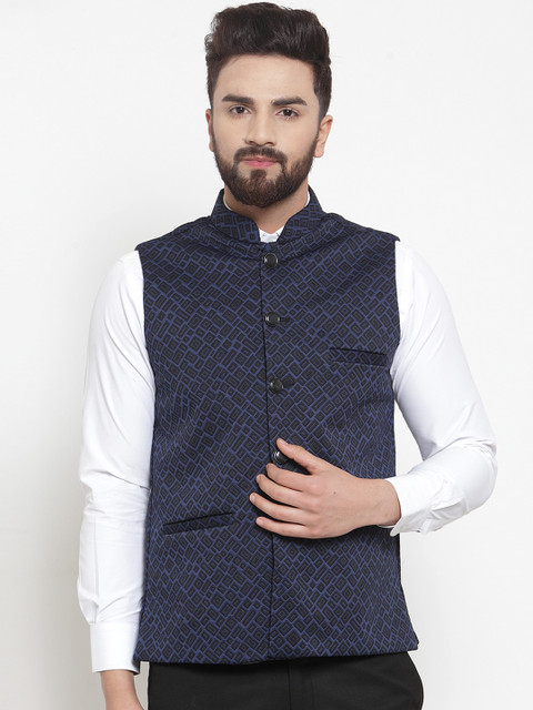 

TAG 7 Men Navy Blue & Black Woven Design Nehru Jacket