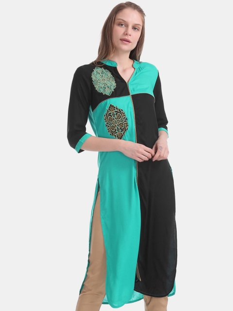 Women Black & Sea Green Printed Straight Kurta