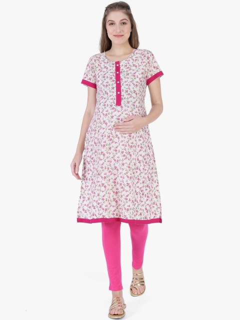 

MomToBe Women Off-White & Pink Printed Straight Maternity Kurta