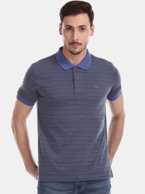 Ruggers Men Blue & Olive Green Striped Polo Collar T-shirt