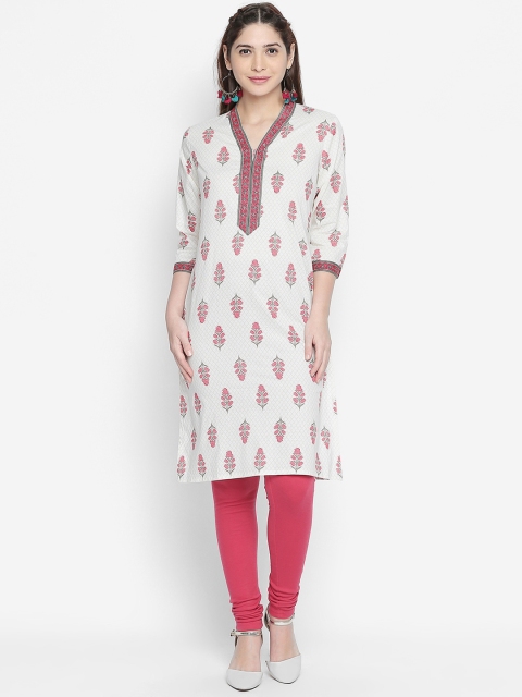

RANGMANCH BY PANTALOONS Women Off-White & Pink Printed Straight Kurta