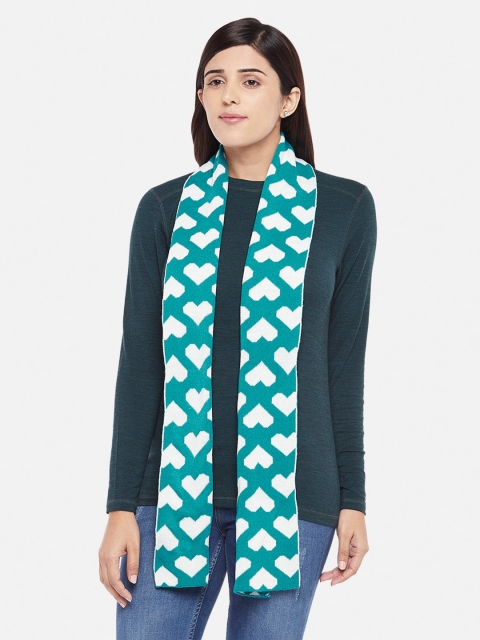 

Kosha Women Turquoise Blue & White Acrylic Wool Heart Patterned Knit Muffler