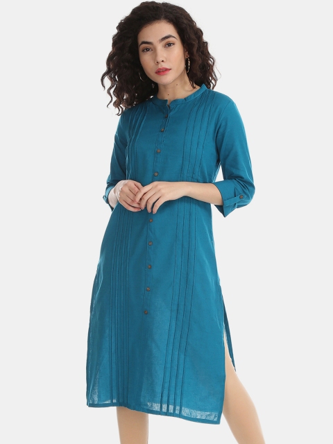 

Karigari Women Teal Blue Solid Straight Kurta