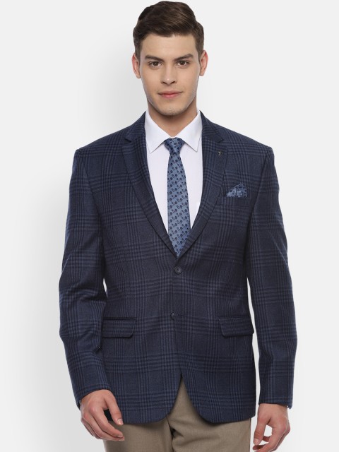 

Van Heusen Men Navy Blue Checked Single-Breasted Slim-Fit Blazer