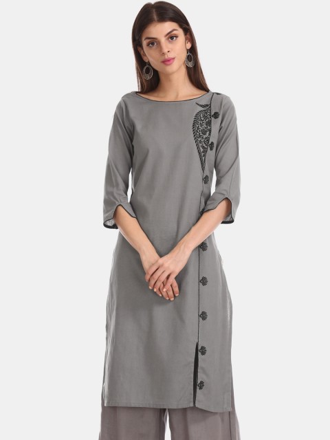 

Karigari Women Grey Embroidered Straight Kurta