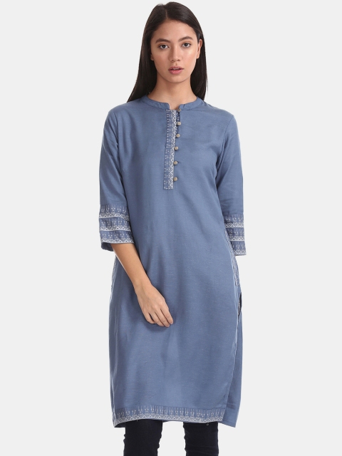 

Karigari Women Blue Printed Straight Kurta
