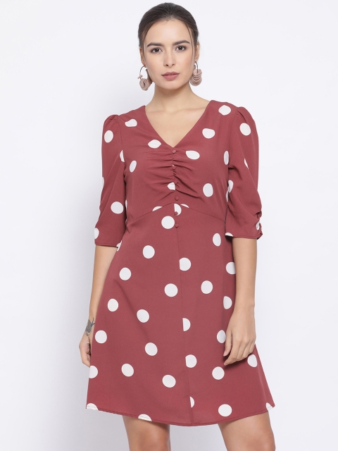 

Oxolloxo Women Rust Red Polka Dots Fit and Flare Dress