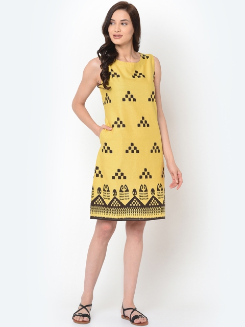 FLAVIDO Women Yellow Ikat Printed Sheath Dress