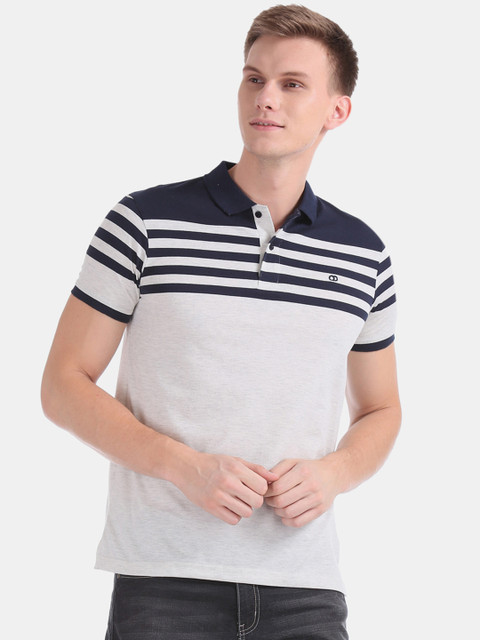 

Ruggers Men Grey & Off-White Striped Polo Collar T-shirt