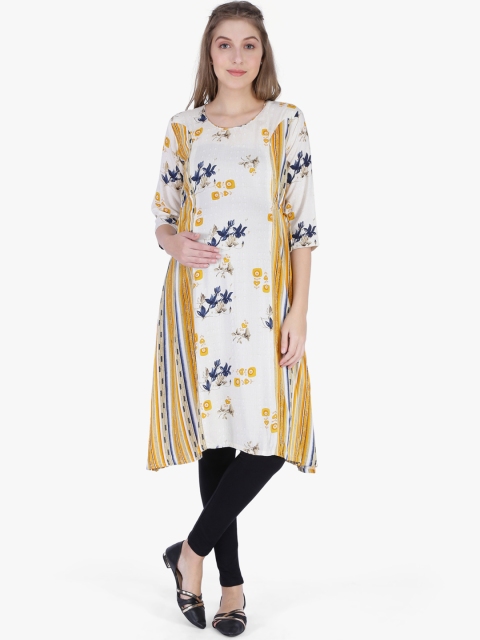 

MomToBe Women Off-White & Mustard Printed Straight Maternity Kurta