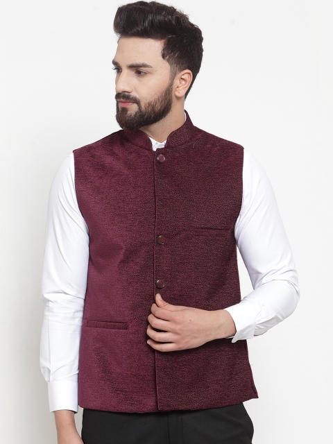 

TAG 7 Men Burgundy Woven Design Nehru Jacket