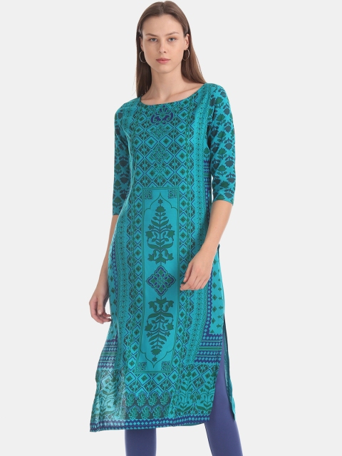 

Karigari Women Teal Green Printed Straight Kurta