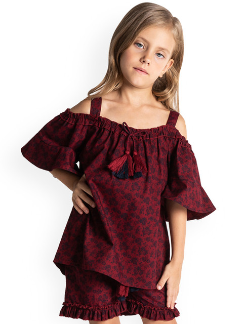 

Cherry Crumble Girls Maroon & Black Printed Top with Shorts