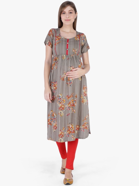 

MomToBe Women Grey Printed Straight Maternity Kurta
