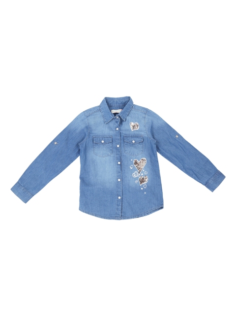 

Pantaloons Junior Girls Blue Embellished Shirt Style Denim Pure Cotton Top