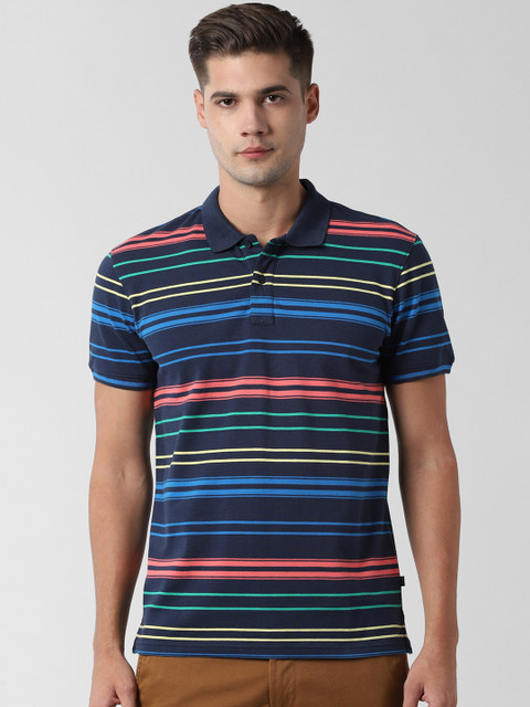 

Peter England Casuals Men Navy Blue Striped Polo Collar T-shirt