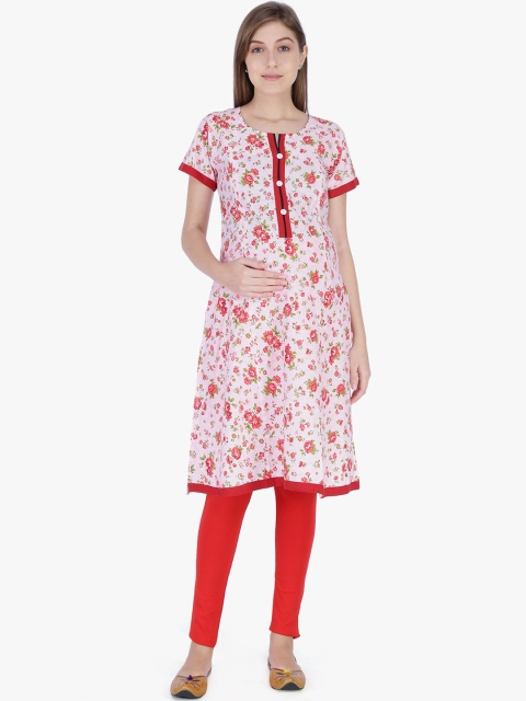 

MomToBe Women Peach-Coloured & Green Printed Straight Maternity Kurta