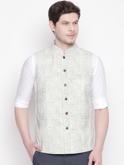 

indus route by Pantaloons Men Off-White & Grey Printed Pure Cotton Nehru Jacket