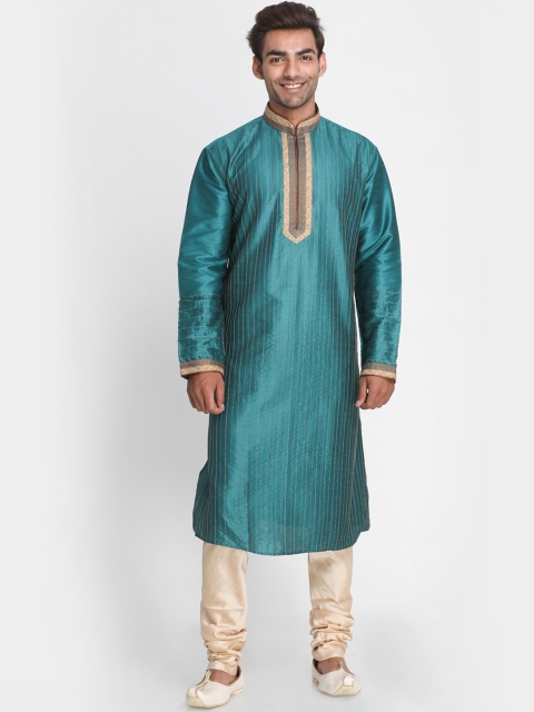 

Lakshya by Manish Men Turquoise Blue & Beige Striped Kurta with Churidar