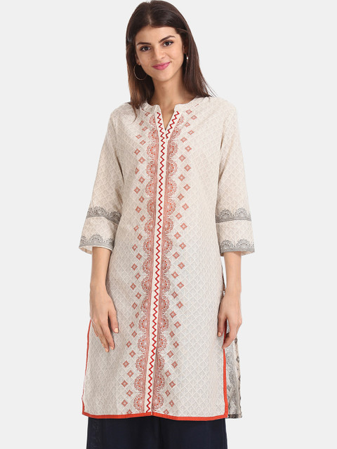 

Karigari Women Off-White & Red Printed Straight Kurta