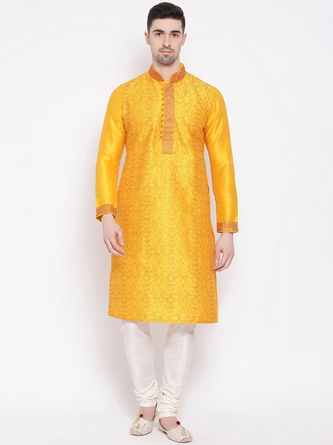

NAMASKAR Men Yellow Embroidered Straight Kurta