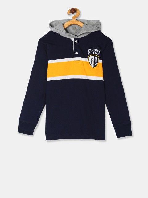 

The Childrens Place Boys Blue Yellow Colourblocked Hood Pure Cotton T-shirt