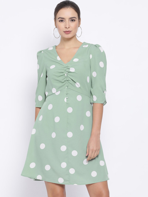 

Oxolloxo Women Green Polka Dots Printed Fit and Flare Dress