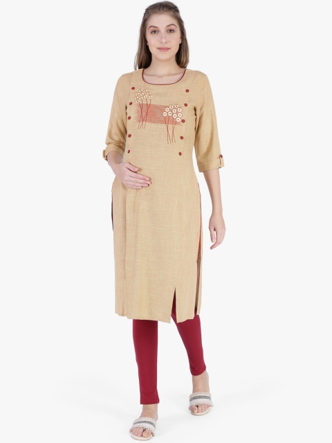 MomToBe Women Brown Embroidered Straight Maternity Kurta