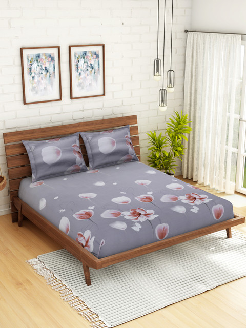 

WELHOME Grey Floral 200 TC 1 Microfibre Queen Bedsheet with 2 Pillow Covers