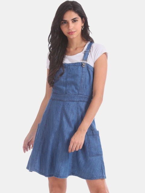 

Cherokee Women Blue Solid Chambray Pinafore Dress