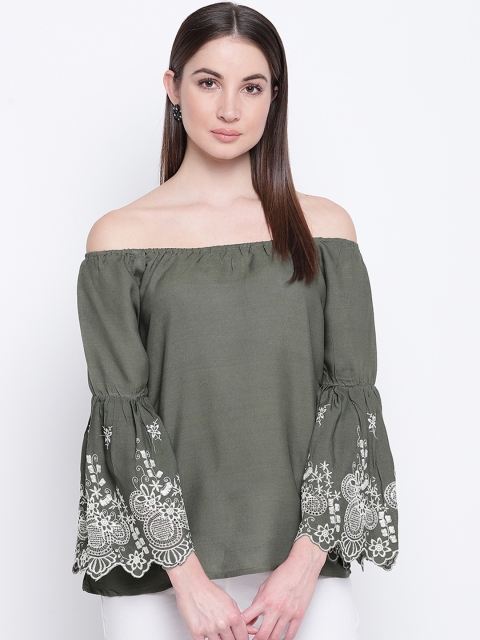 

Mayra Women Olive Green Printed Bardot Top