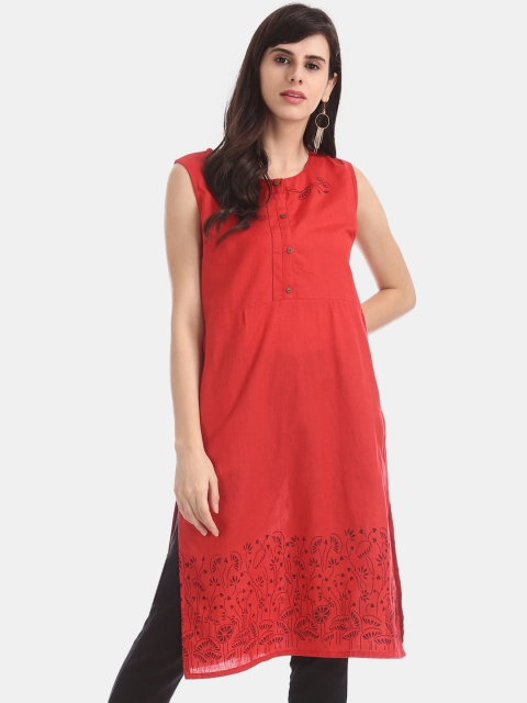 

Karigari Women Red & Navy Blue Printed Straight Kurta