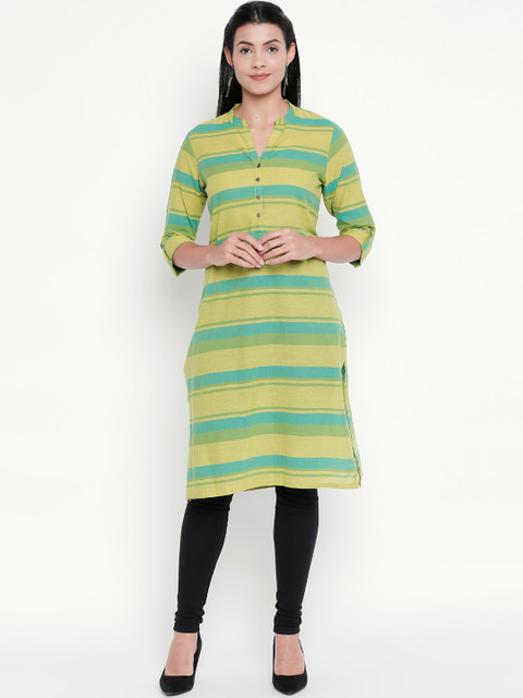 

RANGMANCH BY PANTALOONS Women Green & Blue Striped Straight Kurta