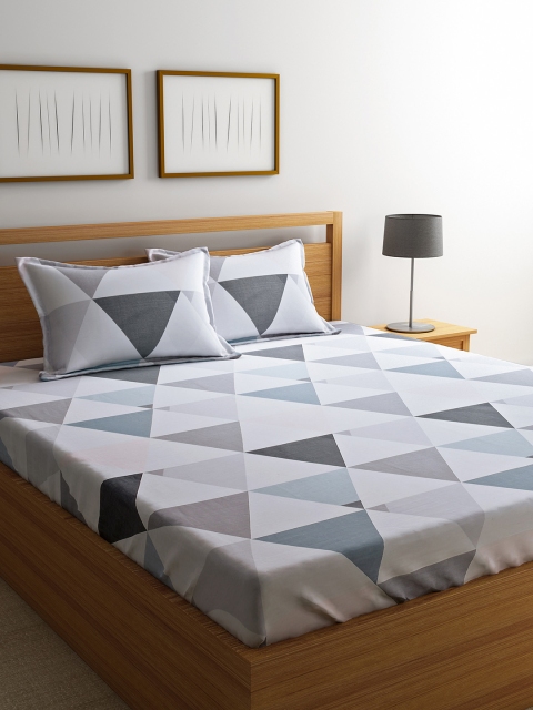 

URBAN DREAM White & Grey Geometric 210 TC Cotton 1 King Bedsheet with 2 Pillow Covers
