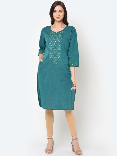 FLAVIDO Women Teal Green Yoke Design Straight Kurta