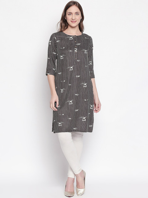

RANGMANCH BY PANTALOONS Women Grey & White Striped Straight Kurta