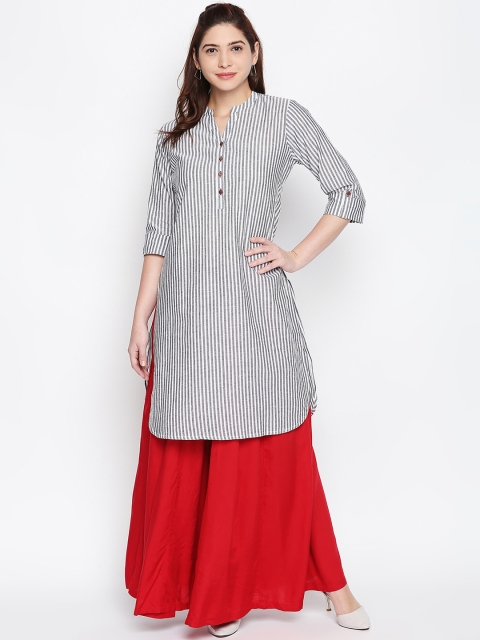 

RANGMANCH BY PANTALOONS Women Off-White & Grey Striped Straight Kurta