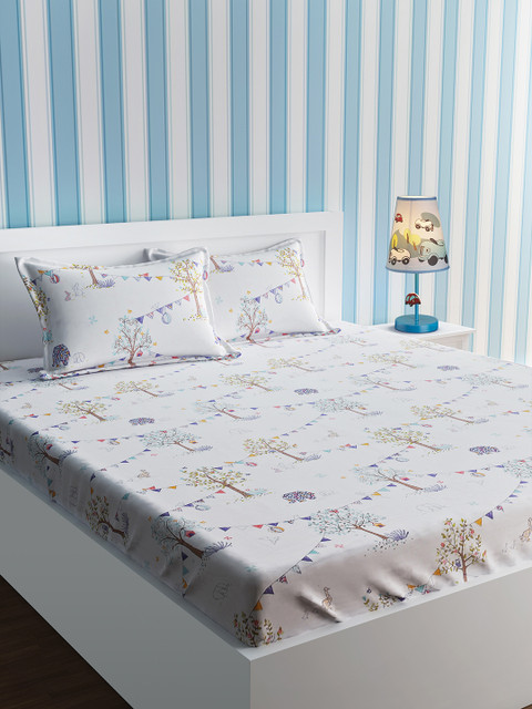 

URBAN DREAM White Conversational 210 TC Cotton 1 Queen Bedsheet with 2 Pillow Covers