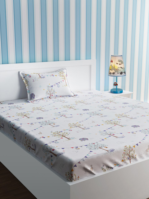 

URBAN DREAM White Conversational 210 TC Cotton 1 Single Bedsheet with 1 Pillow Covers