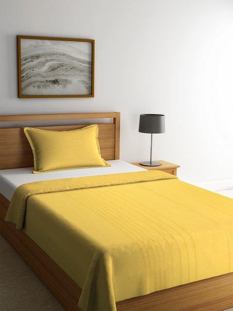 

KLOTTHE Yellow Striped Single Bed Cover With 1 Pillow Cover